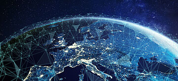 Eine Erdkugel auf der die Vernetzung Europas hervorgehoben ist.. Weitere Informationen siehe Bildunterschrift